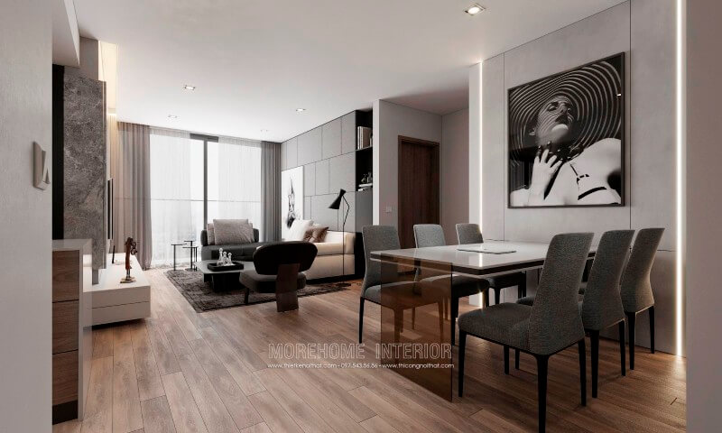 Nội thất chung cư hiện đại được thiết kế đơn giản tông màu xám, tường sử dụng màu xám trắng kết hợp vật liệu gỗ tạo không gian sang trọng, thoáng đãng và tiện nghi hơn Mẫu nội thất biệt thự tân cổ điển, hiện đại đẹp