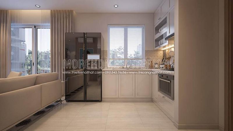 Tủ bếp gỗ công nghiệp màu trắng hiện đại, tạo nên khu vực lưu chữ đồ đạc lớn cho người nội trợ