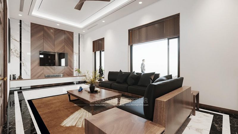 Trang trí phòng khách biệt thự với bộ sofa gỗ óc chó cao cấp
