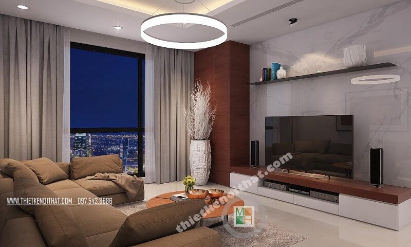 Mẫu thiết kế phòng khách chung cư đẹp với cách sắp xếp đồ nội thất hợp lí khoa học: kệ ti vi treo, bộ sofa bọc vải cao cấp, đèn trang trí