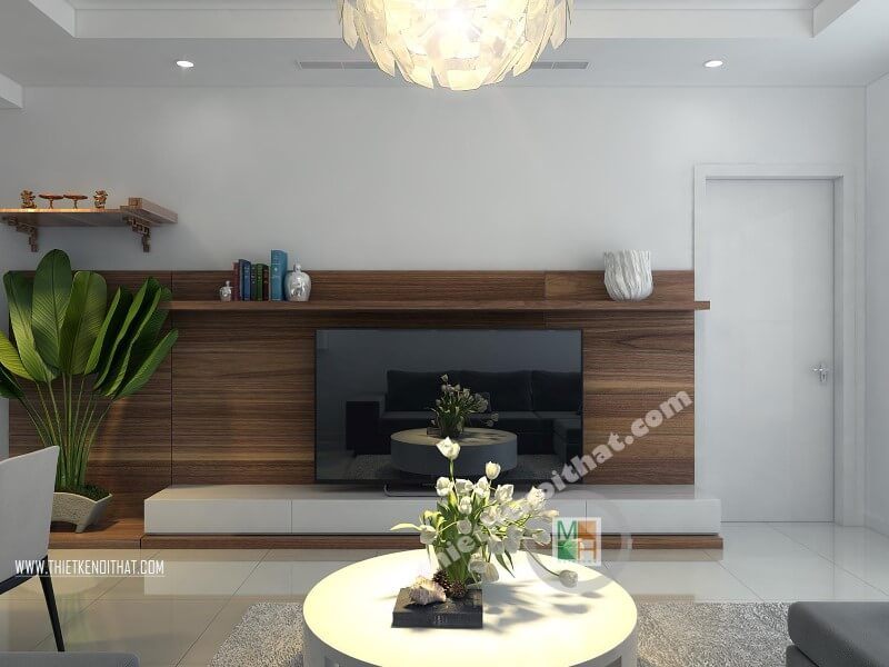 Kệ ti vi treo tường đẹp là đồ nội thất được ưa chuộng tại phòng khách chung cư nhỏ giúp tiết kiệm diện tích không gian