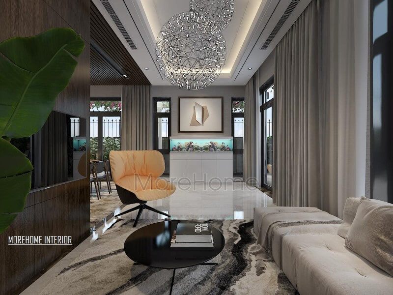 Thiết kế nội thất phòng khách hiện đại độc đáo với bể cá phong thủy.