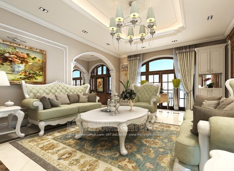 Sofa tân cổ điển MS-049 gỗ tự nhiên sơn trắng, bọc nỉ rút múi màu xanh ngọc nhẹ nhàng mang phong cách hoàng gia, quý tộc cho phòng khách biệt thự