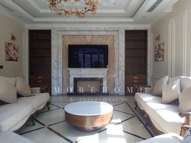 Thi công sofa văng có tựa khung gỗ óc chó bọc nỉ màu be tân cổ điển đường nét mềm mại, chi tiết sắc nét mang tới sự hoàn hảo nhất cho sử dụng cũng như thẩm mỹ cao cho không gian