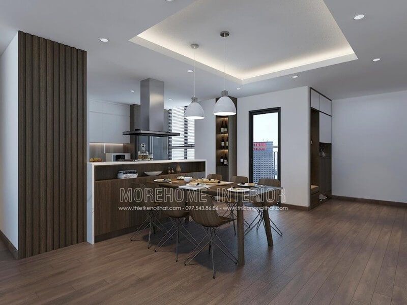 Vách gỗ công nghiệp là một yếu tố đặc biệt góp phần tạo nên sự đặc biệt cho không gian bếp.