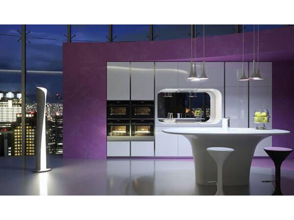 Bàn ăn mặt đá nhân tạo màu trắng có ưu điểm đặc biệt là có thể uốn cong thành nhiều hình dáng mà không làm mất đi sự thống nhất của tổng thể, tạo nên sự sang trọng, cao cấp cho không gian.